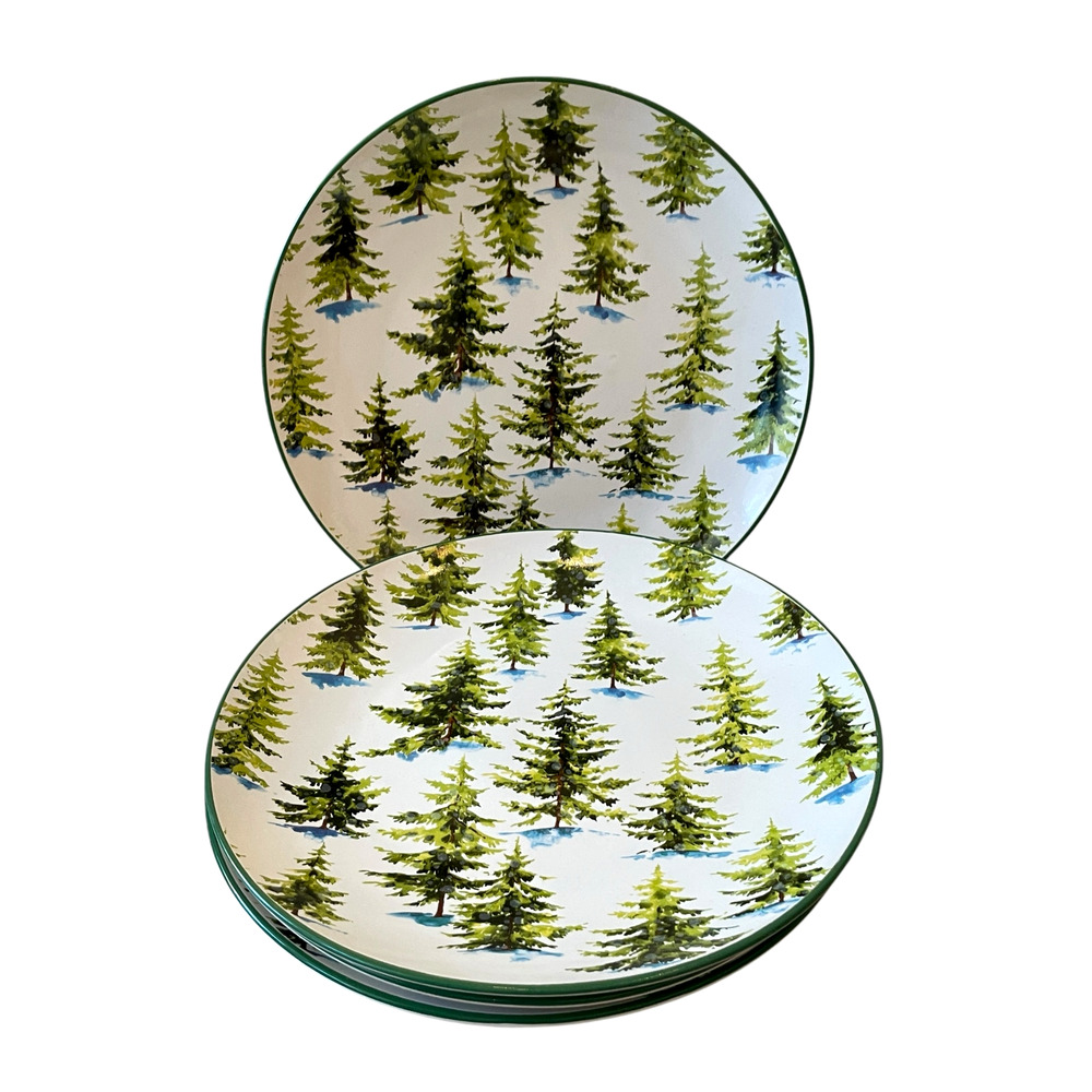 Christmas Pine Tree Dinner Plates 10.5in Ceramic Set of 2 by Global Design New